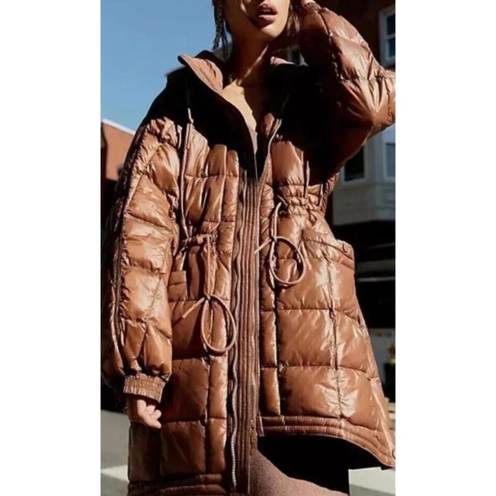 $248 Free People FP MOVEMENT Patricia Packable Poncho Puffer Jacket Brown M - Picture 1 of 7